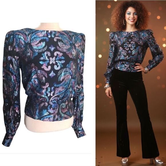 VTG 70s Black Blue Lurex Metallic Long Sleeve Panelled Hem Disco Blouse Medium - Picture 4 of 16